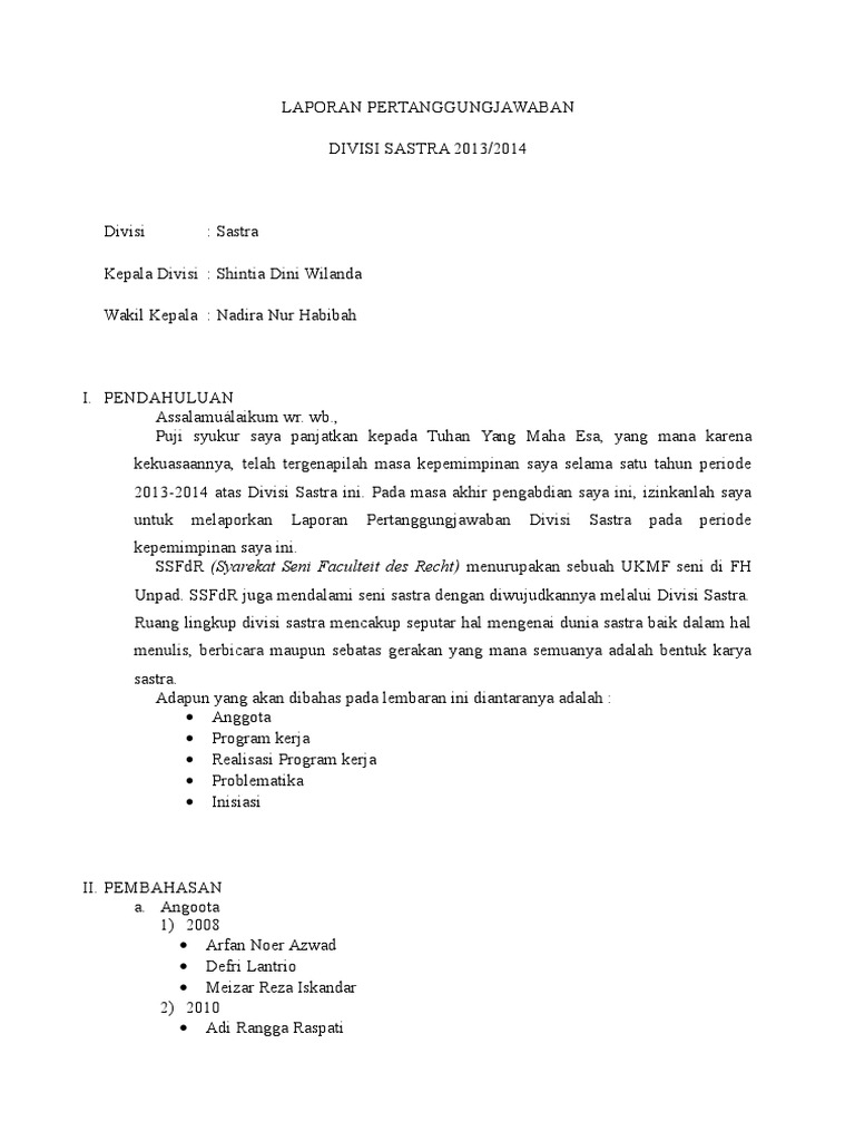 Contoh Laporan Pertanggungjawaban Untuk Ketua Divisi Pada Suatu Organisasi