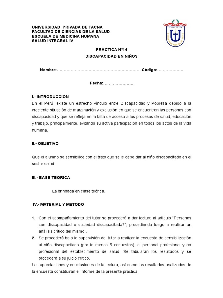 Pract 14 Discapacidad Niã Os S.I. IV 2014-II | PDF | Invalidez ...