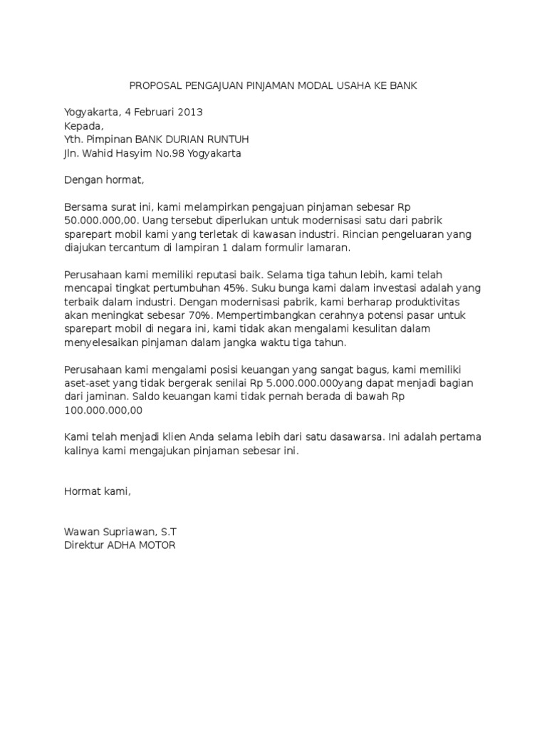 Contoh Proposal Pengajuan Pinjaman Modal Usaha Ke Bank