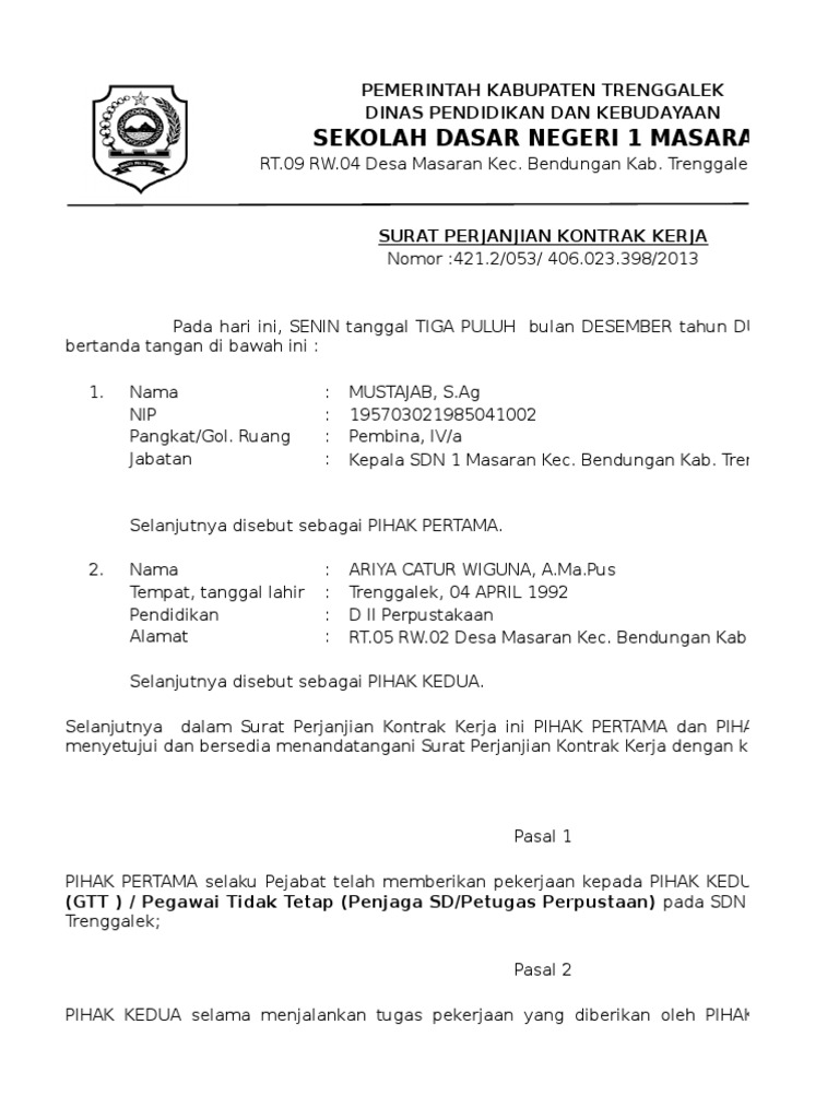 Contoh Surat Perjanjian Kontrak Kerja Gtt Ptt 2015