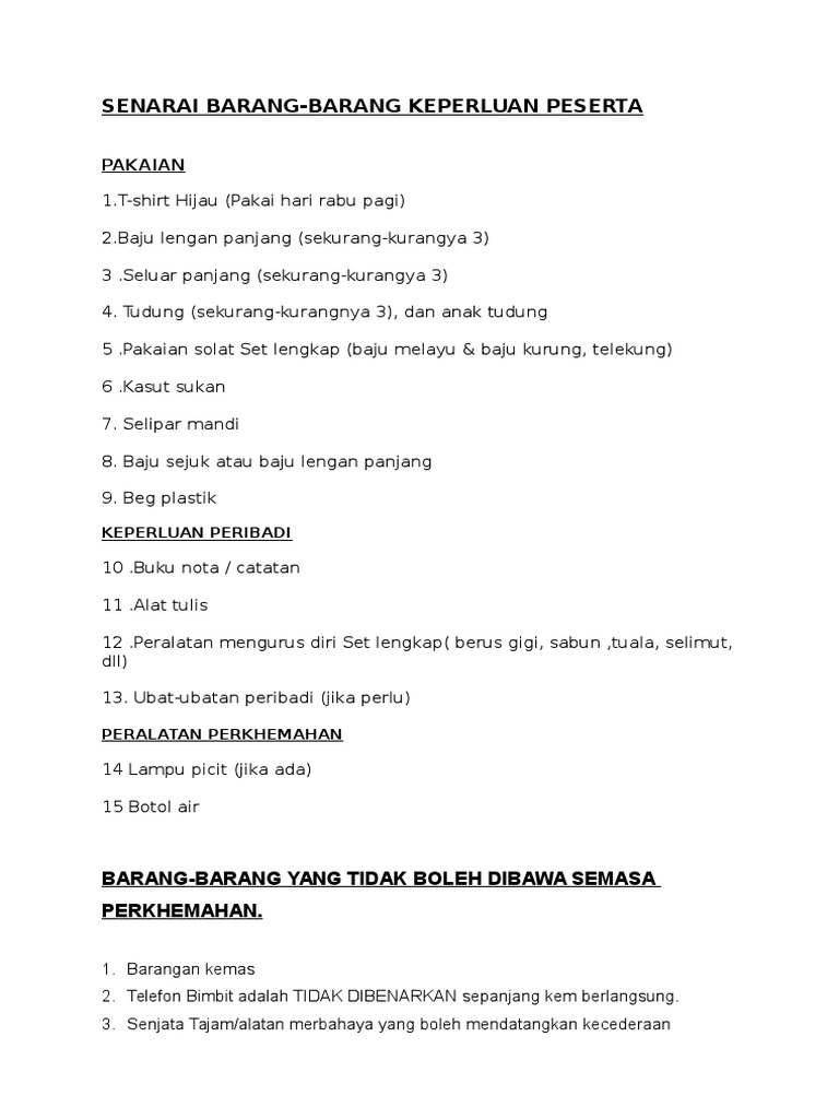 Surat Makluman Senarai Barang Yang Perlu Dibawa Semasa Perkhemahan