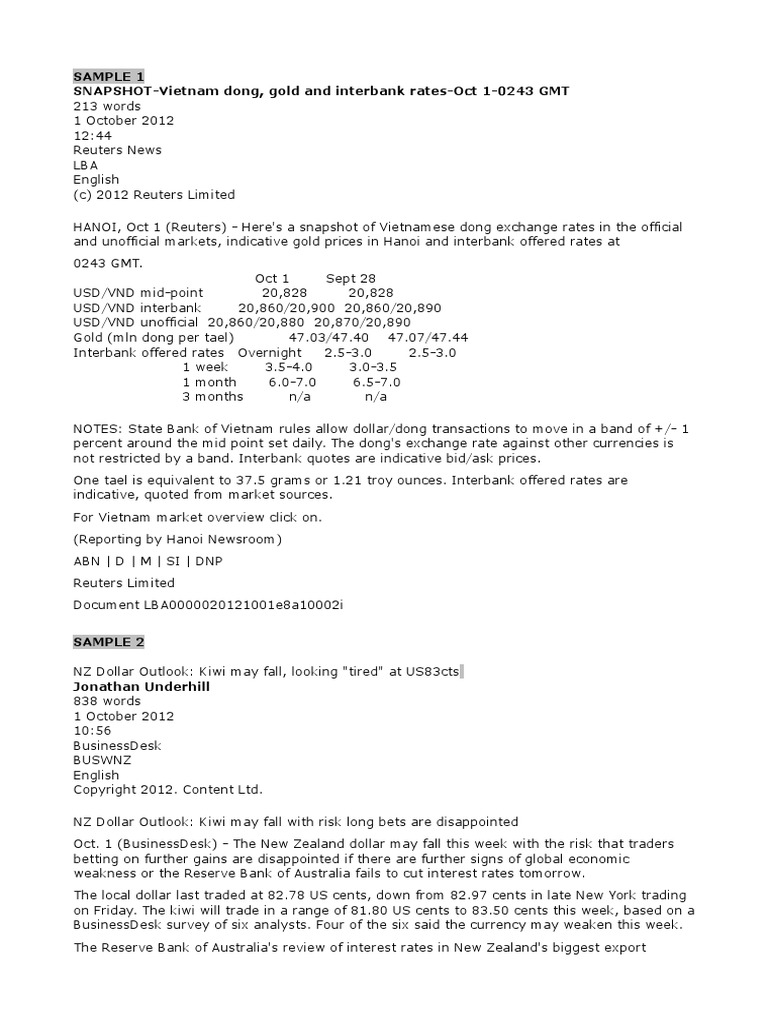 Sample 1 SNAPSHOT-Vietnam Dong, Gold and Interbank Rates-Oct 1-0243 GMT |  PDF | Foreign Direct Investment | United States Dollar