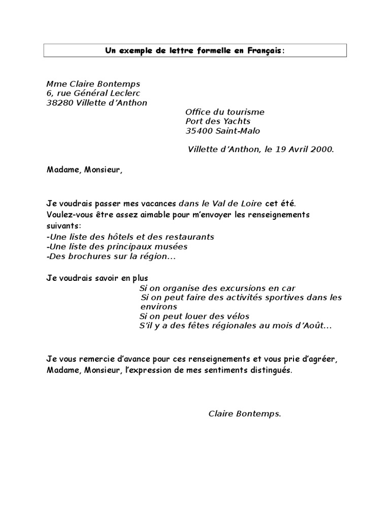 Lettre Formelle en Français, PDF