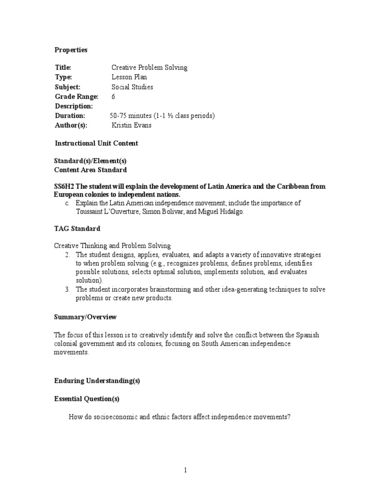 Creative Problem Solving Lesson Plan Brainstorming Creativity