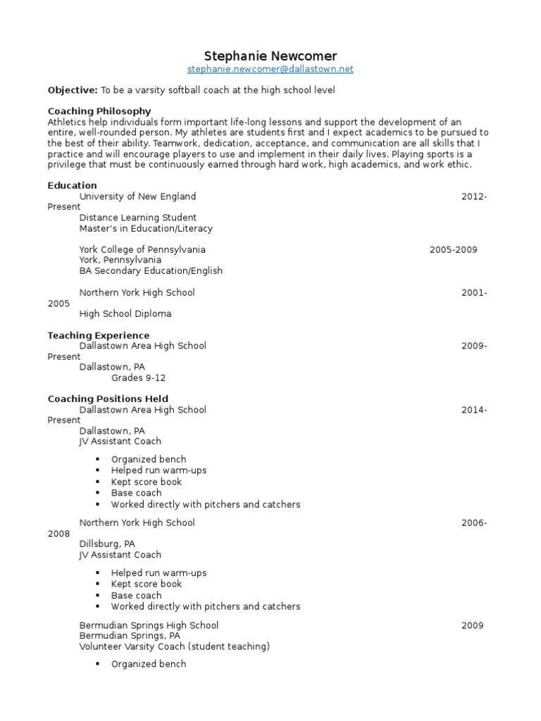 High School Softball Coach Resume | PDF | Career & Growth