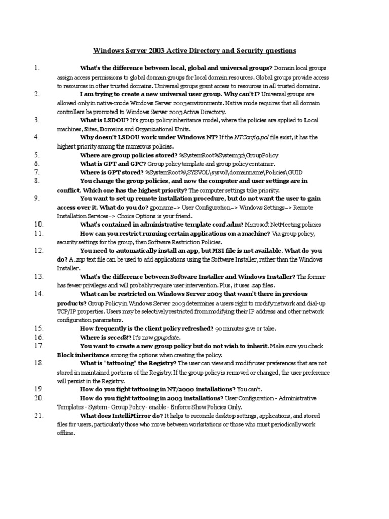 Active Directory and Security Questions | PDF | Group Policy | Active ...
