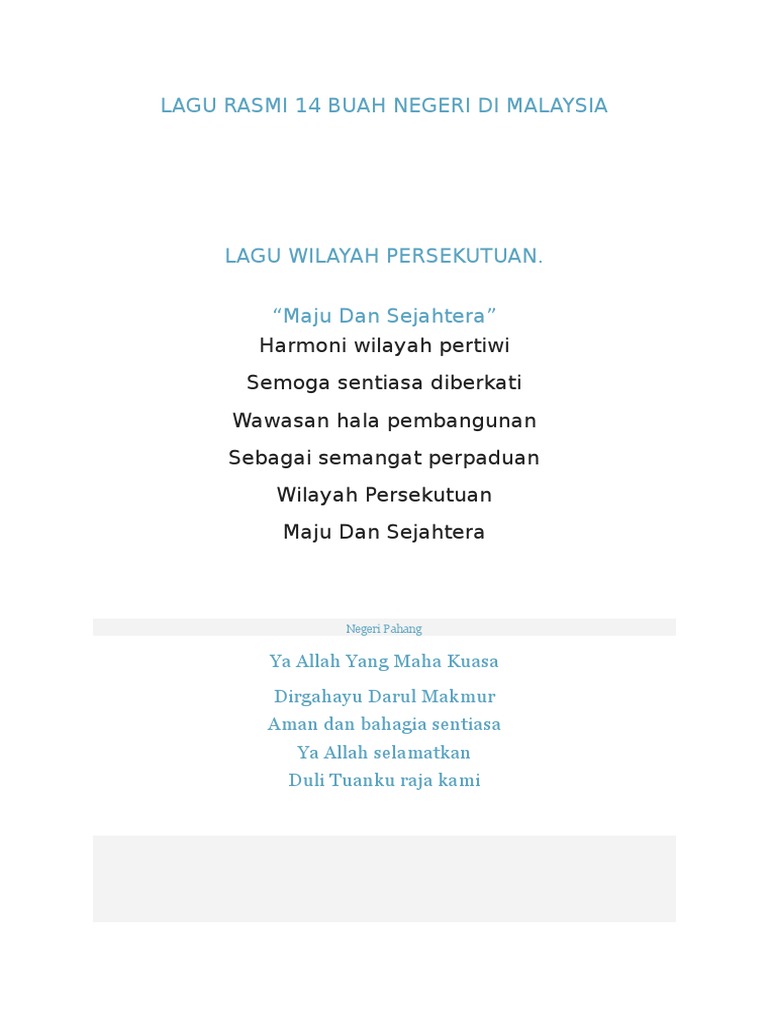 Lagu Rasmi 14 Buah Negeri Di Malaysia Pdf