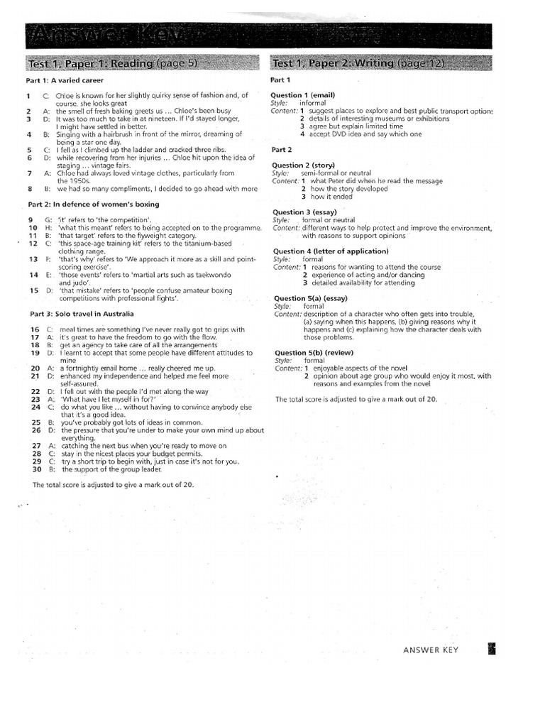 Answer Key Fce Practice Tests