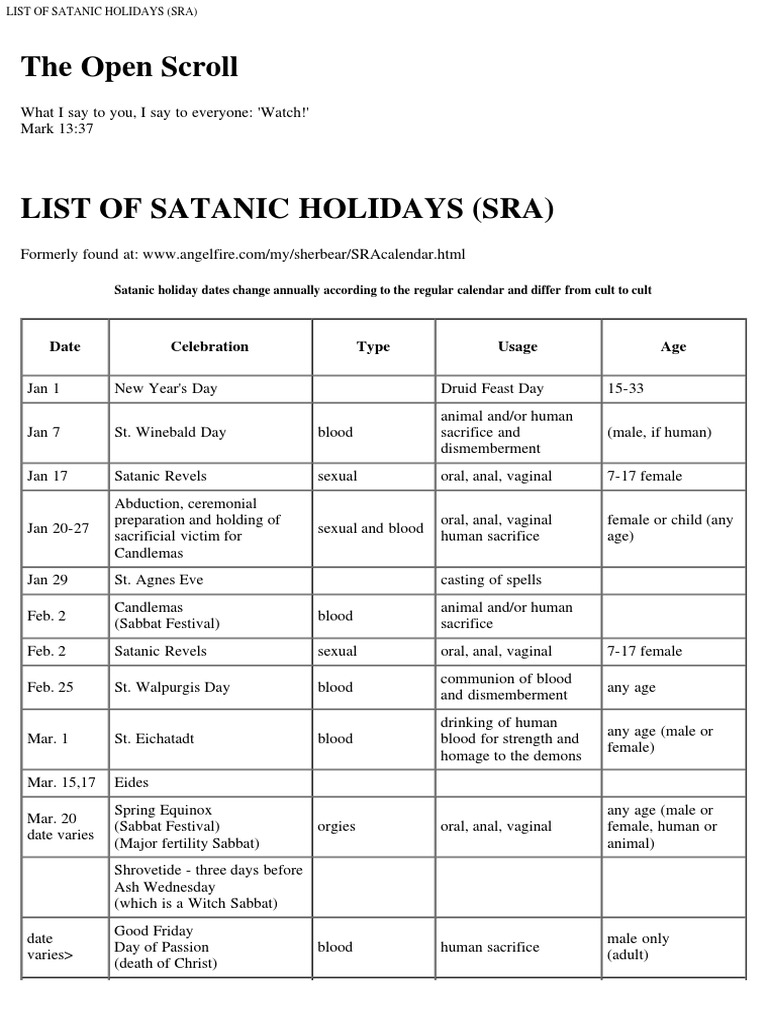 Satanic Calendar September 2021