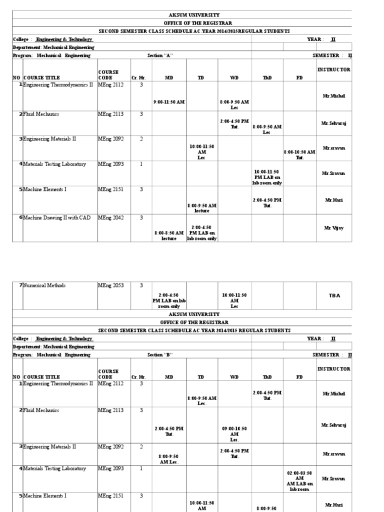 Mechanical Engineering Second Semester Schedule Engineering