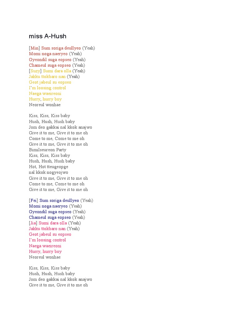 miss A - Hush Lyrics Translation | PDF | Language Arts & Discipline
