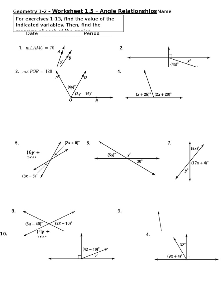 Angle Relationships Worksheet 1.5 | PDF
