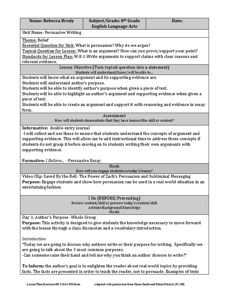argumentative essay 7th grade lesson plan