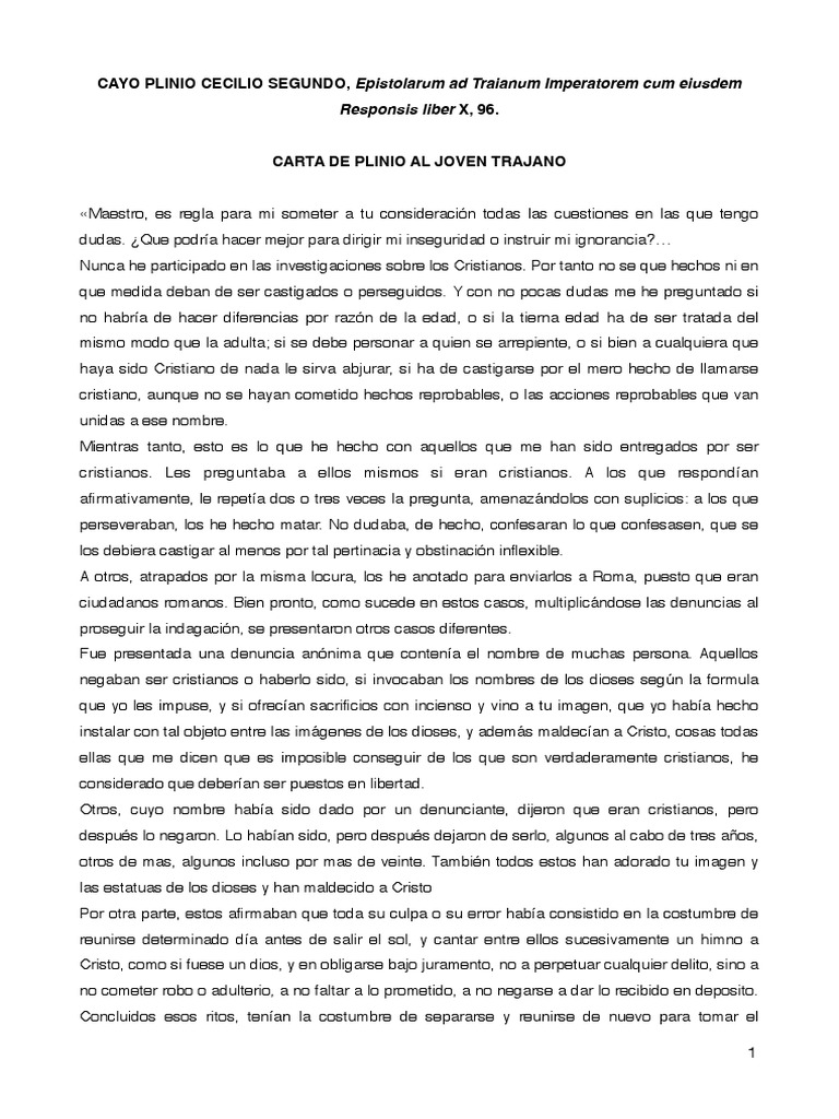 Carta de Plinio (el joven) al Joven Trajano  Antigua Roma 