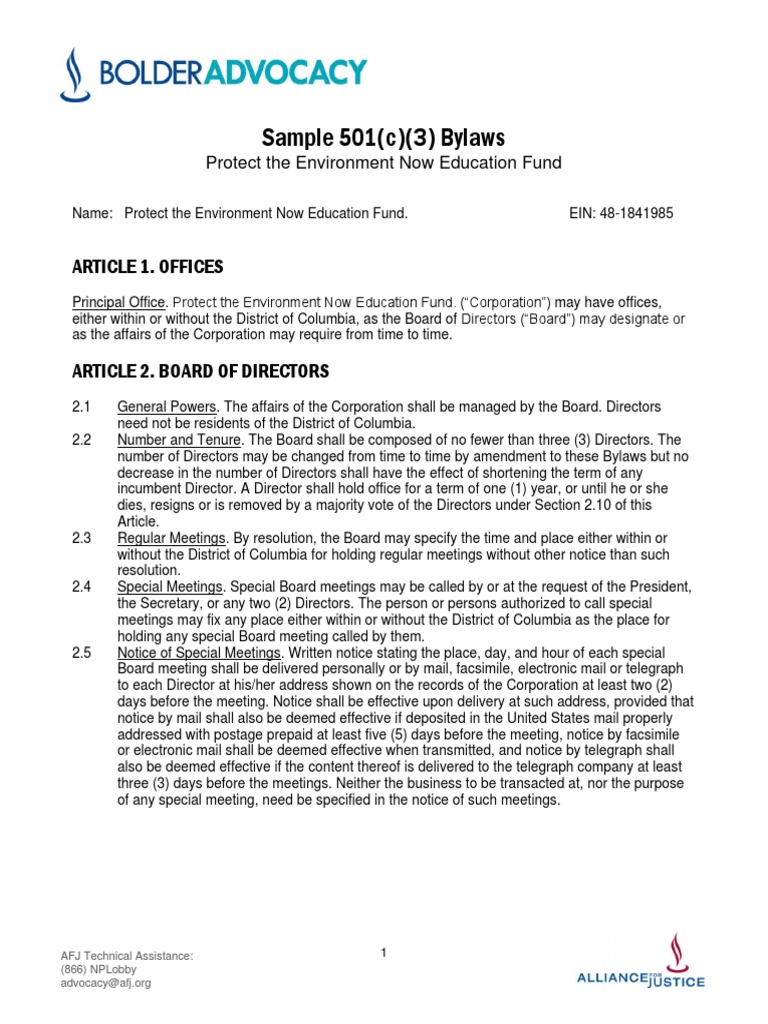 Sample 501c3 bylaws pdf board of directors indemnity