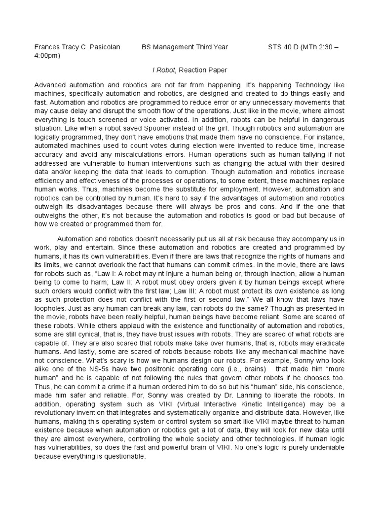 I Robot, Reaction Paper Automation Robotics