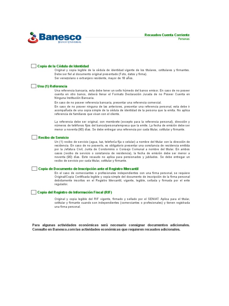 Requisitos para Abrir Cuenta Corriente Banesco | PDF | Finanzas y dinero