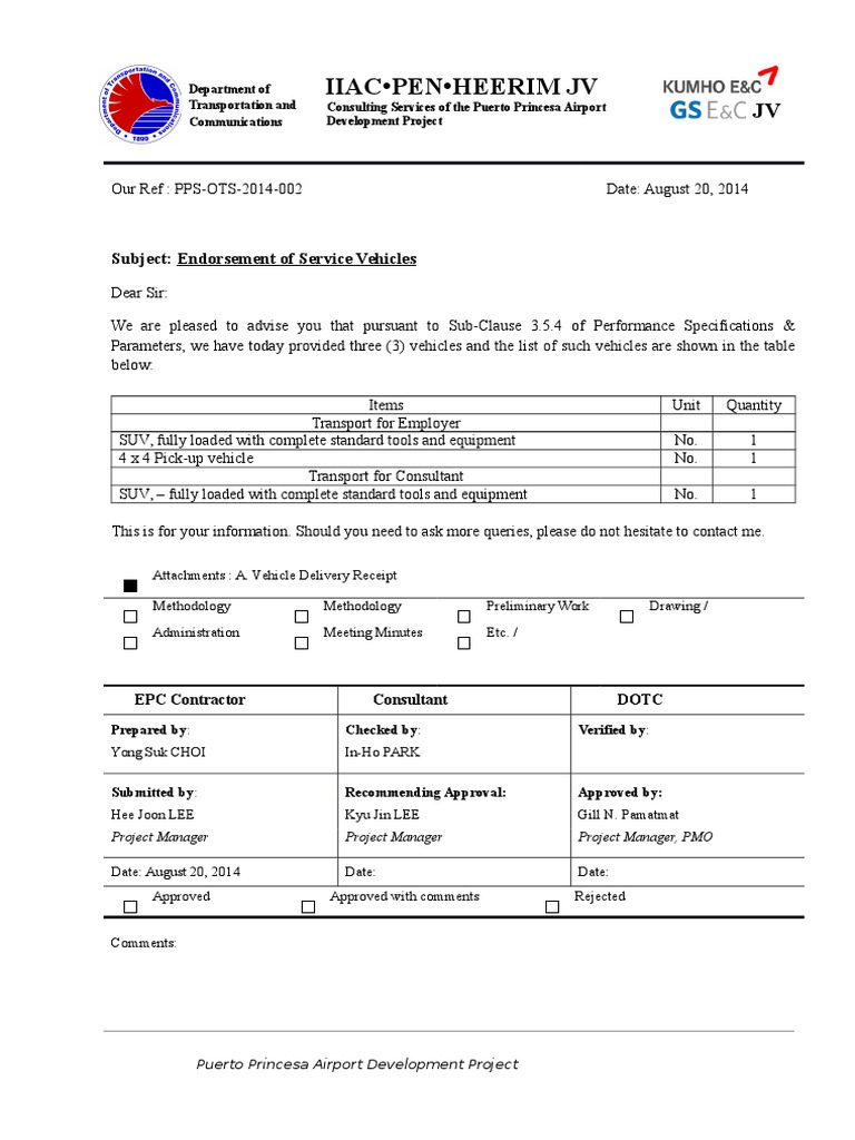 Endorsement of Service Vehicles for Project | PDF