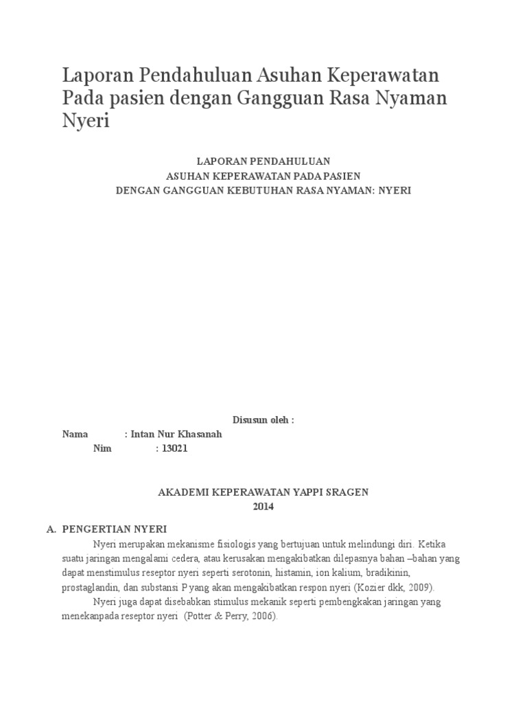 Contoh Laporan Pendahuluan Nyeri