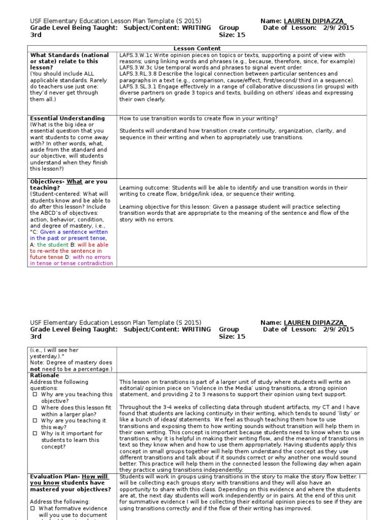 Usf 28rd Transitions  PDF  Lesson Plan  Teachers