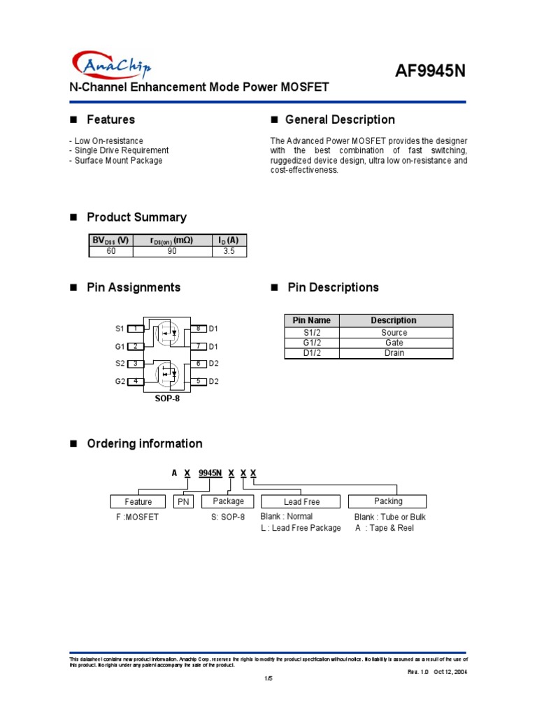 Datasheet 9945n | PDF | Field Effect Transistor | Mosfet