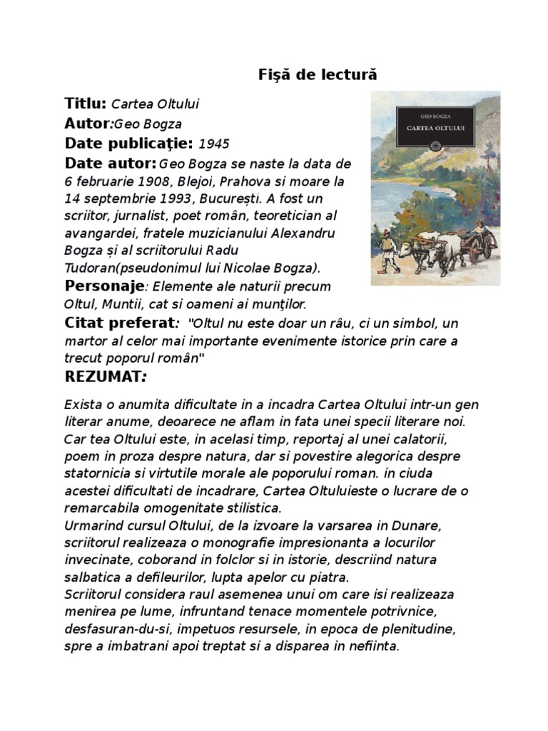 Cartea Oltului Fisa de Lectura Cartea Oltului