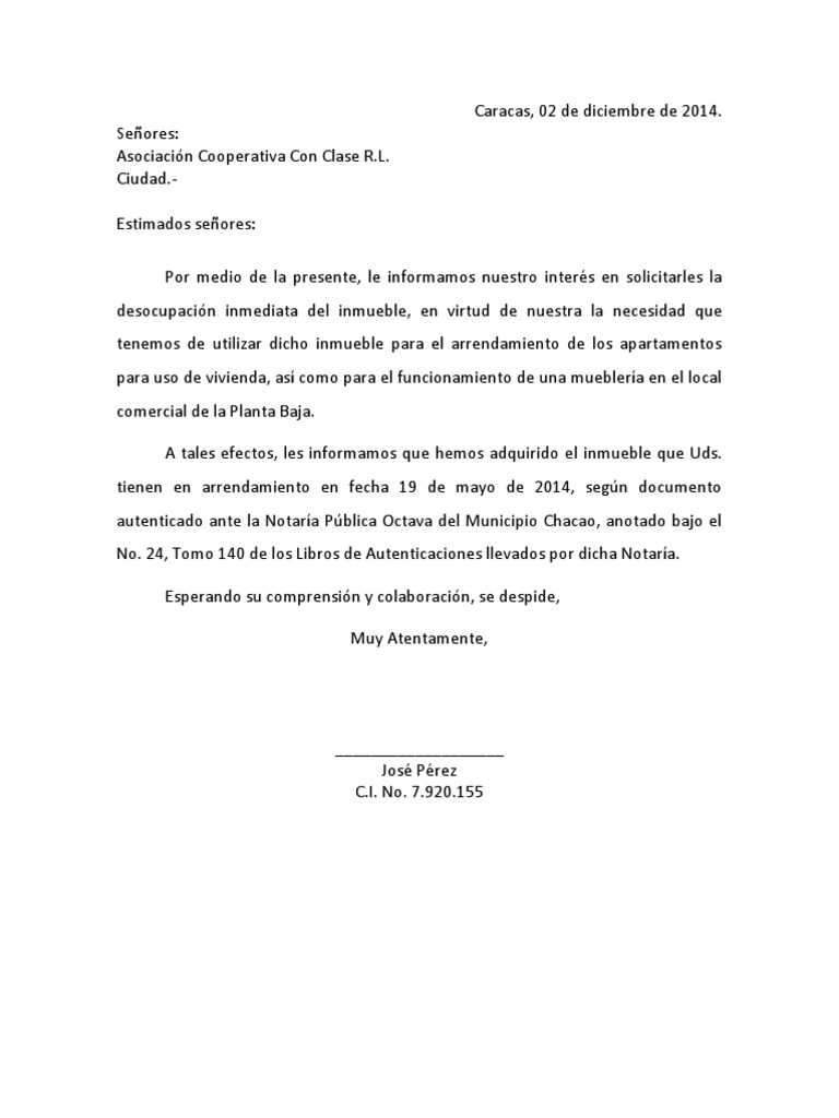 Carta De Desalojo 30 Dias