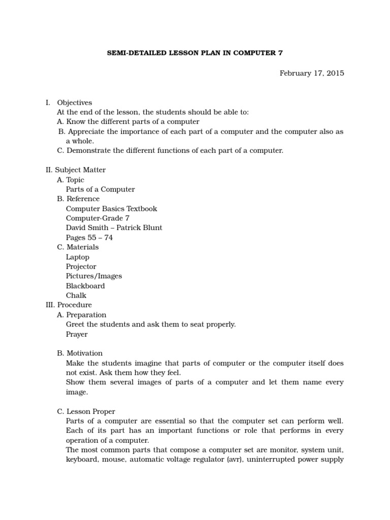 Computer Parts for Grade 7 Students | PDF | Lesson Plan | Electronic ...