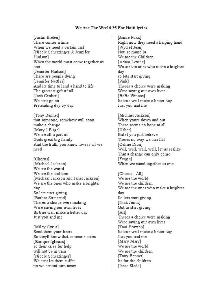 We Are The World 25 For Haiti Lyrics American Musicians Music Industry