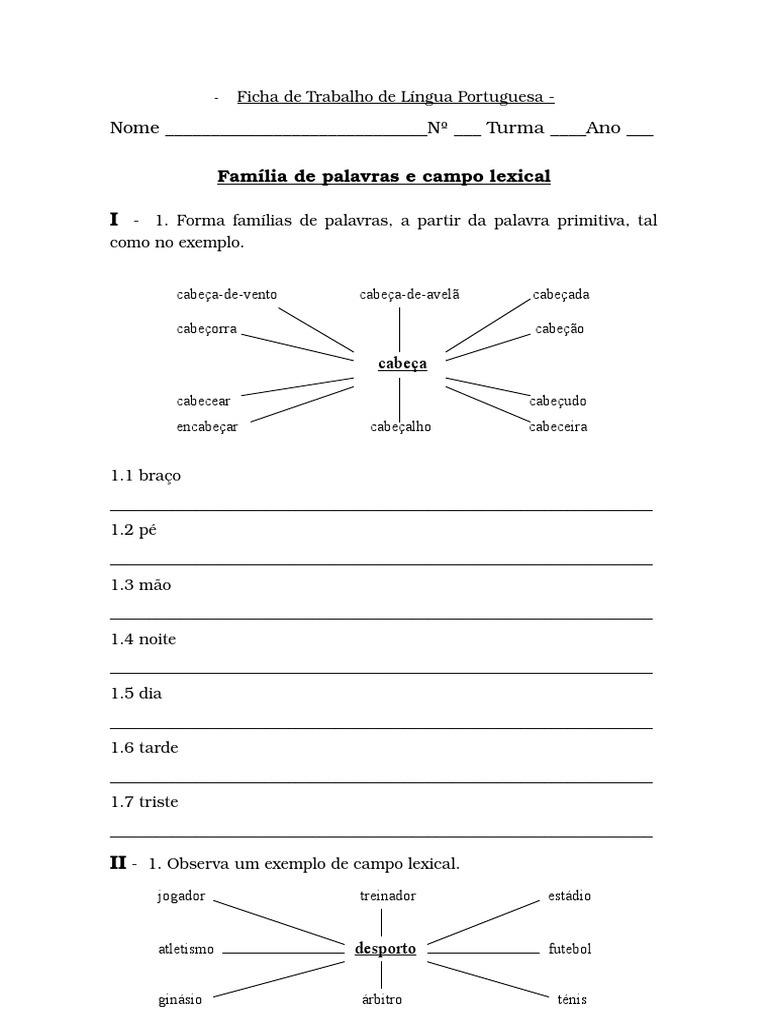 Famílias de Palavras e Campos Lexicais | PDF | Artes Linguísticas e ...