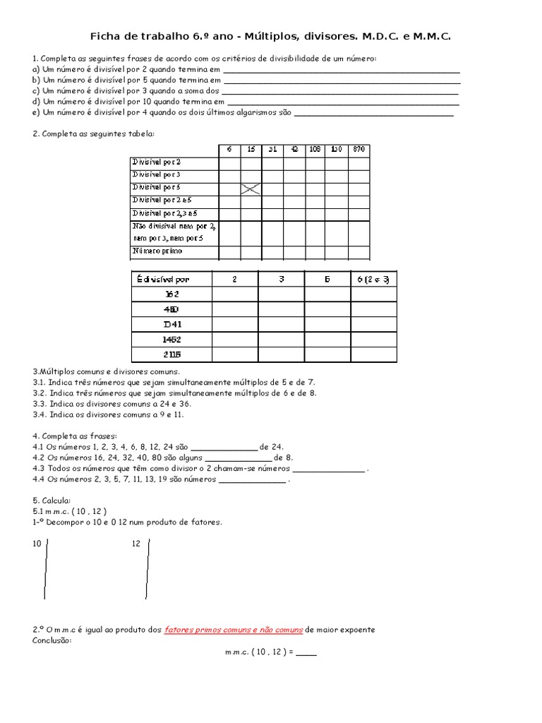 Fiçha MMC e MDC 6ano | Download grátis PDF | Matemática elementar ...