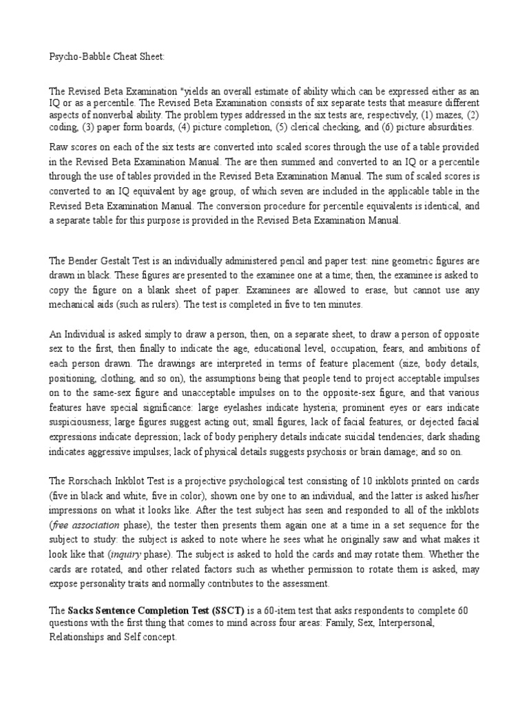 Psycho Babble Cheat Sheet Pdf Test Assessment Psychological