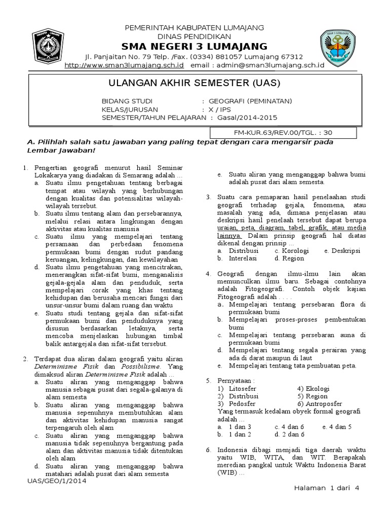 Soal Uas Ganjil Kelas X Ips 2014 2015 Geografi Peminatan