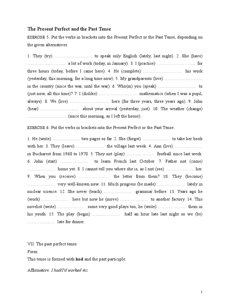 Past and Present Tense Exercises | PDF | Perfect (Grammar ...