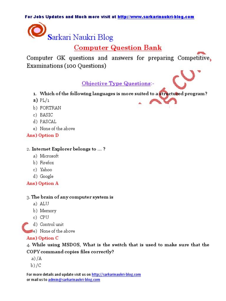 Computer GK Questions for Exams | PDF | Computer Hardware | Computer ...
