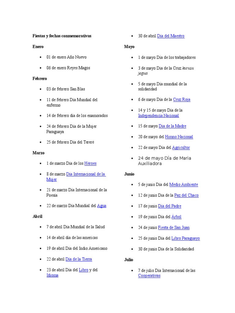 Guarani Fiestas y Fechas Conmemorativas Paraguay Observancias