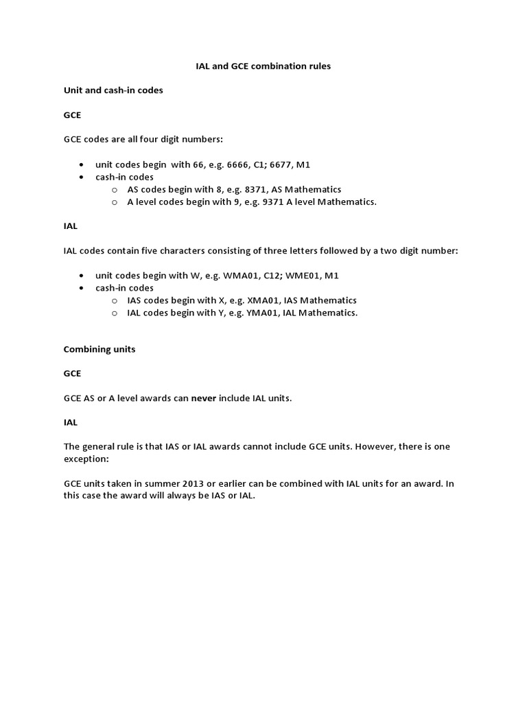 IAL and GCE Combination Rules Unit and CashIn Codes GCE PDF