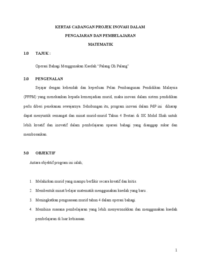 Kertas Cadangan Projek Inovasi Dalam Pengajaran Dan 