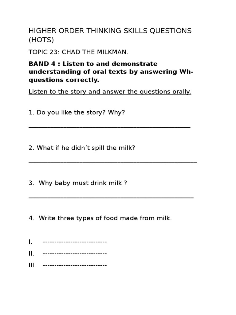 HOTS and LOTS Questions for Chad the Milkman | PDF | Career & Growth ...