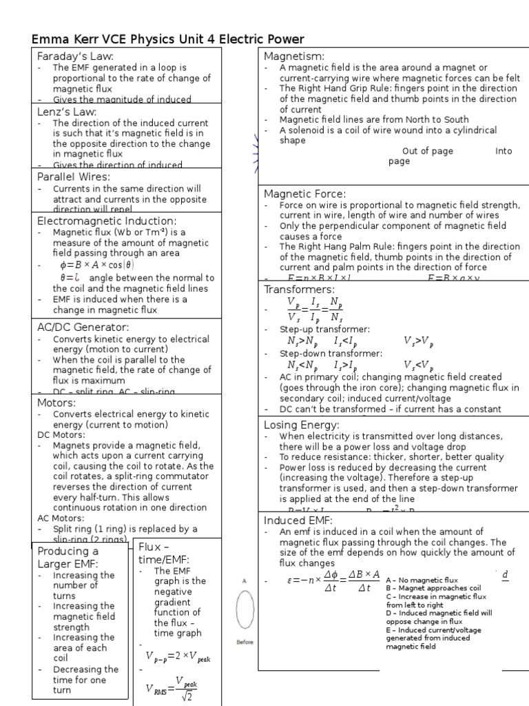 Cheat Sheet Unit 4 Electric Power.docx | Electromagnetic Induction ...