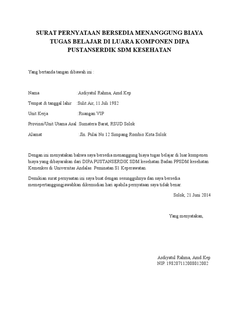 Surat Pernyataan Bersedia Menanggung Biaya