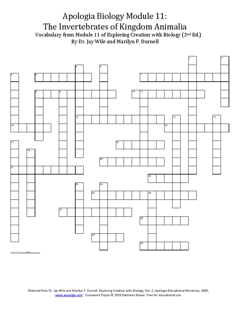 Apologia Biology Vocabulary Crossword Module 11 Sponge Cell Biology
