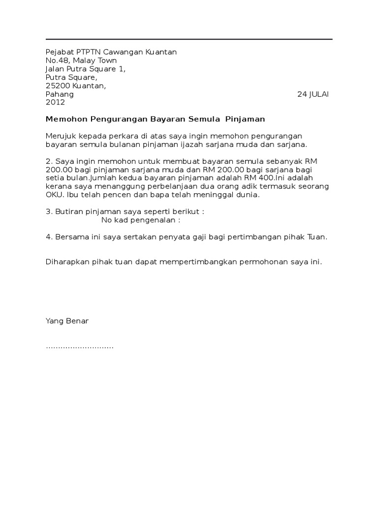 Surat Rayuan Pengurangan Bayaran Ptptn