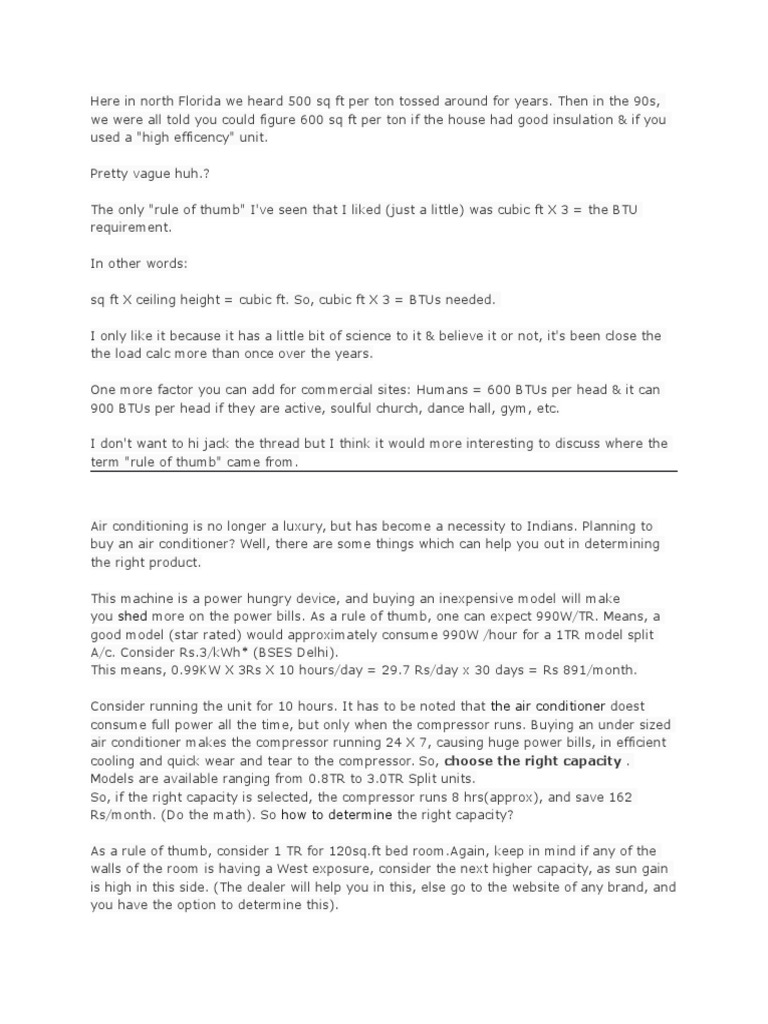 AC Rule of Thumb Air Conditioning Physical Universe