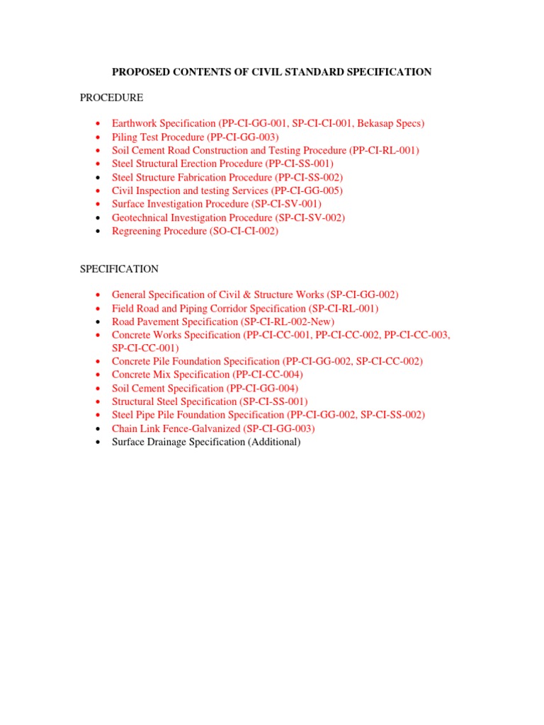 Proposed Contents of Civil Standard Spec Rev2 | PDF