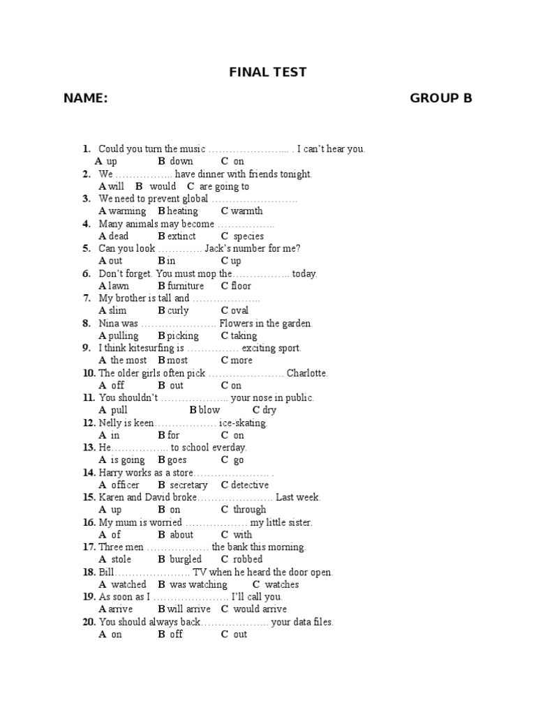 Group B Final Test Questions | PDF | Leisure
