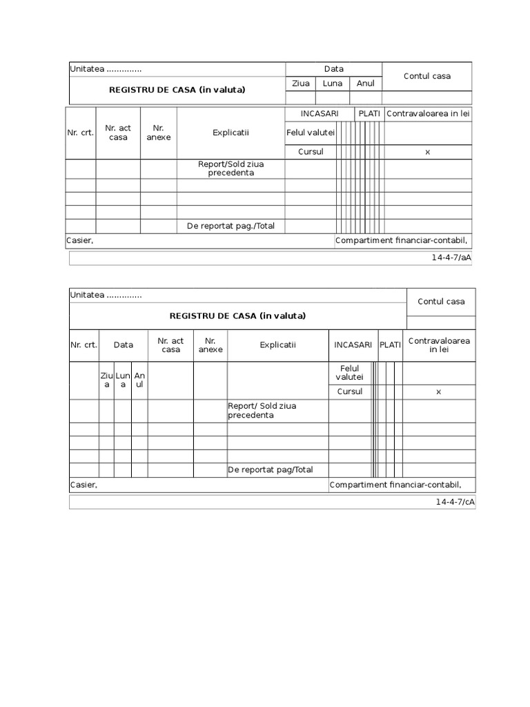 Model Registru Casa Valuta