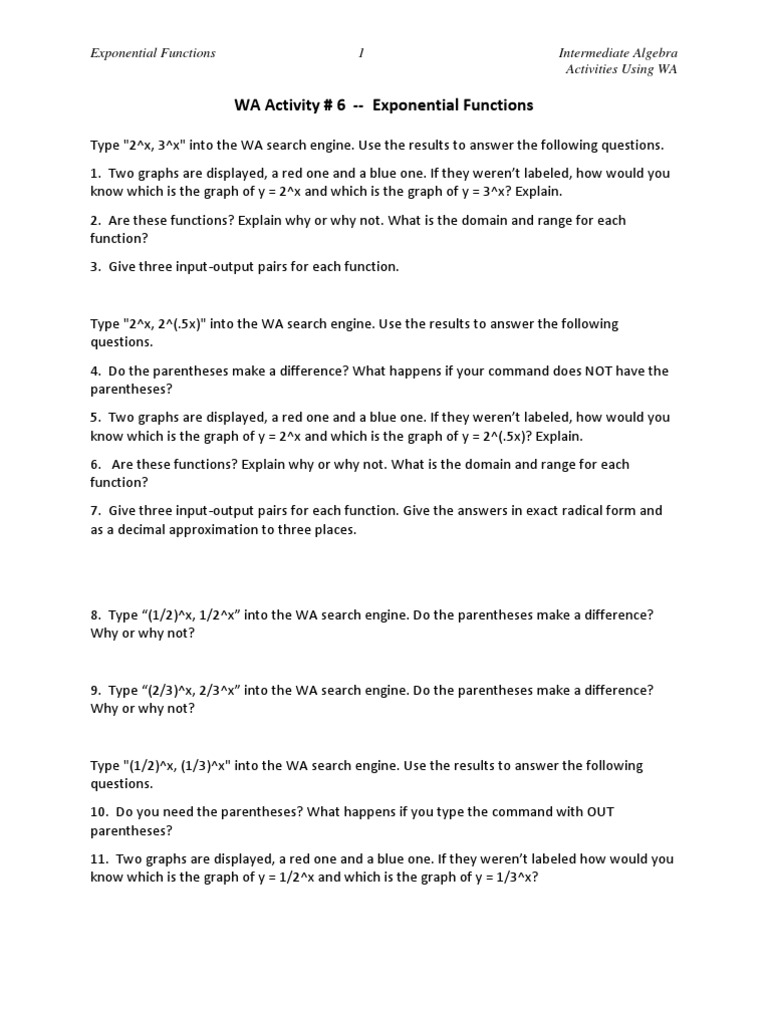 Exponential Functions WA Activities | PDF | Function (Mathematics ...