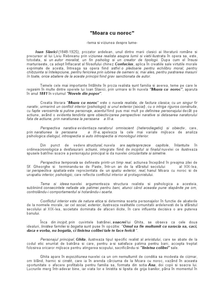 Moara Cu Noroc-Tema Si Viziunea Despre Lume | PDF