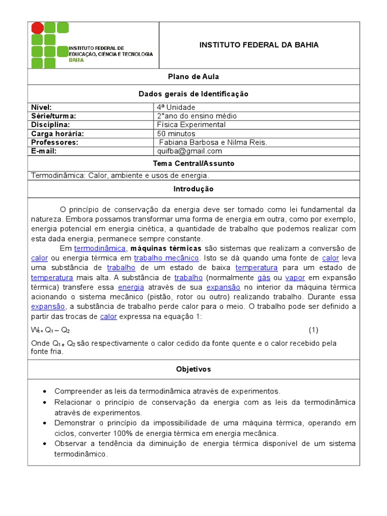 Plano de Aula - Física Experimental | PDF | Calor | Termodinâmica
